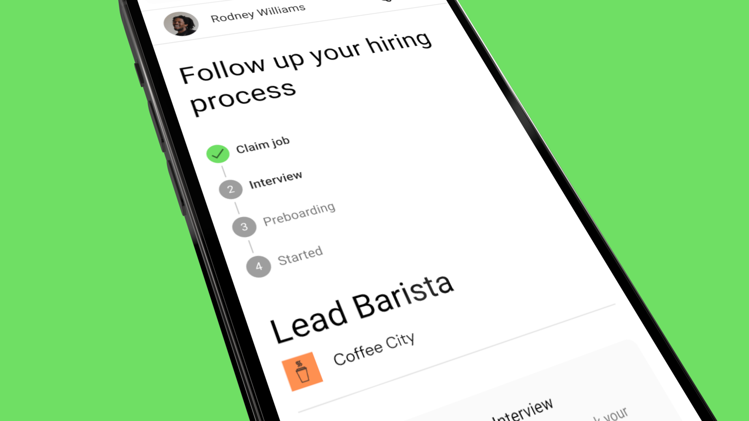 Close-up of hiring process screen for Lead Barista.